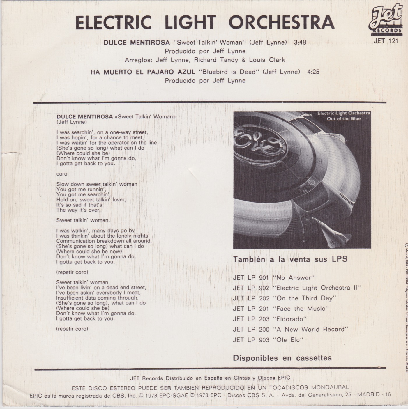 Single: Electric Light Orchestra (ELO) - Sweet Talkin' Woman / Fire On High